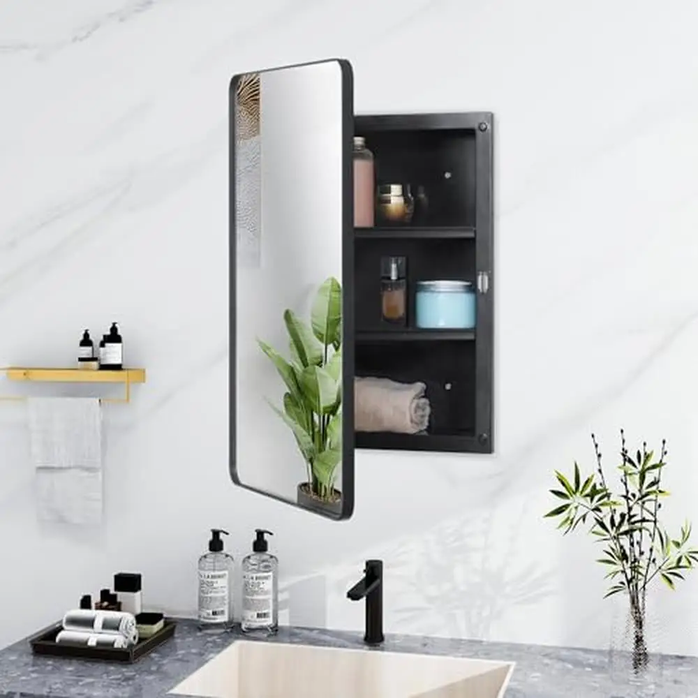 Adjustable Plastic Shelves Black Medicine Cabinet Mirror Door Metal Frame Recessed Surface Mount Home Organization