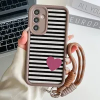 Love Heart Wrist Chain Lanyard Case for Samsung A54 34 24 14 55 35 25 73 53 33 23 71 51 31 21 72 52 32 22 13 12 Stripe Cover