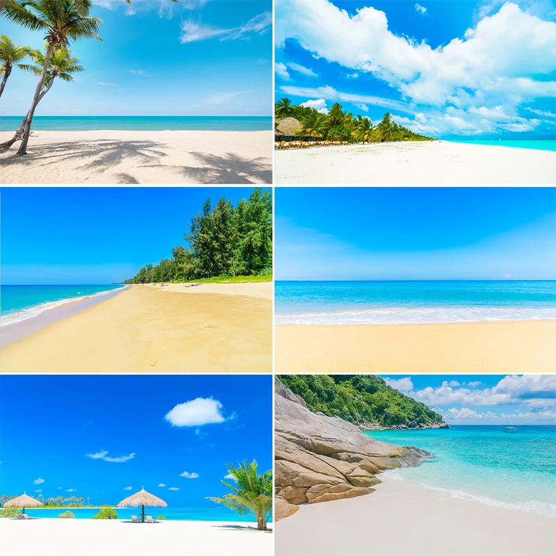 

Тропический пляж, море, океан с белым облаком, голубое небо, фон для фотосъемки, песчаные пальмы, деревья, остров, мальдивы, фон BU-03