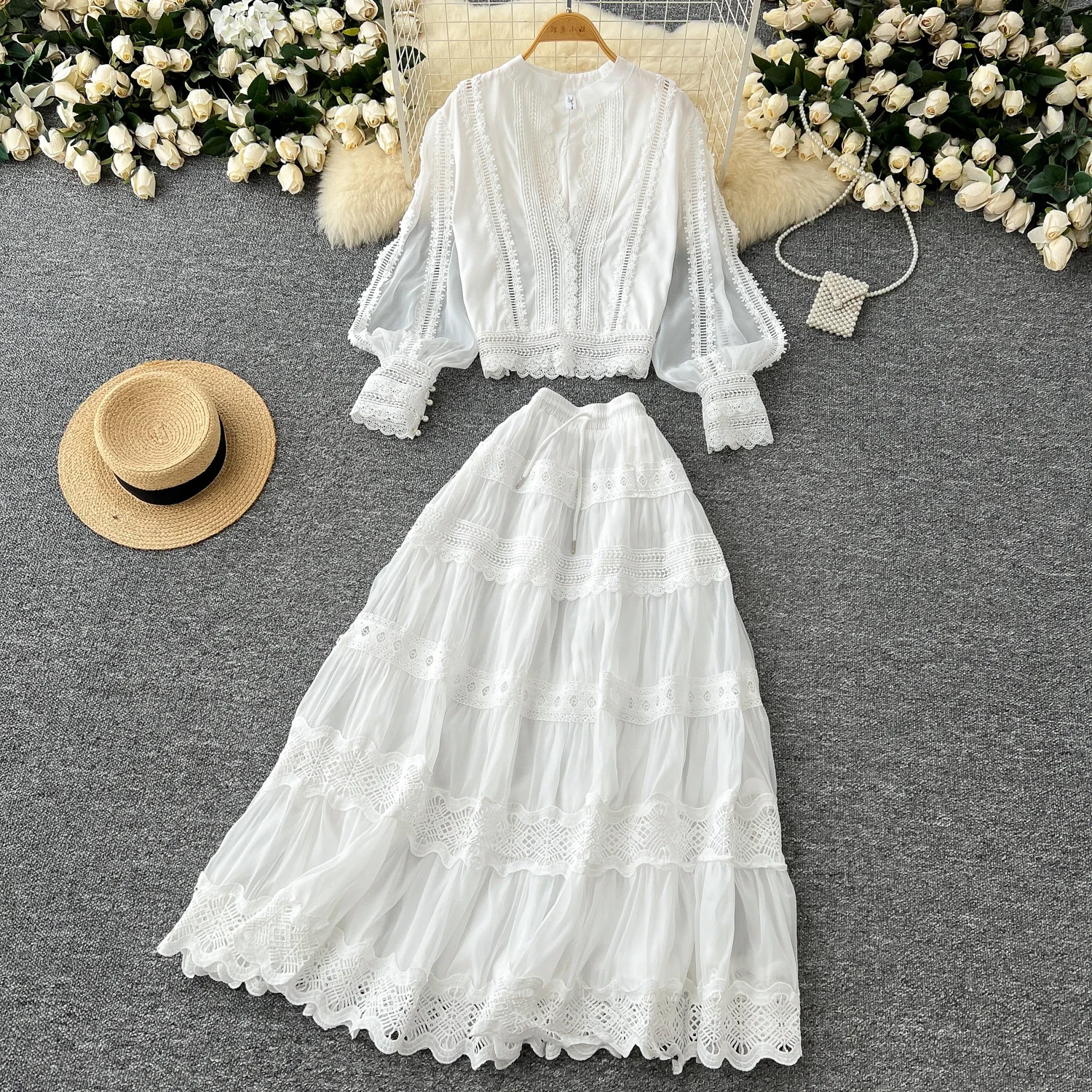 Chic Two-piece Sets Basics O-neck Lace Spliced Lantern Sleeve Blouse and High Waist Hollow Out Skirt High Street Women Clothing