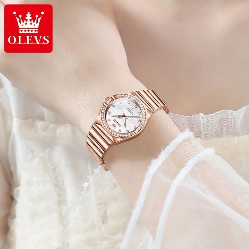 OLEVS 9975 Luxury Constellation Quartz Watch For Women Diamond Dial Stainless Steel Ladies Hand Clock Waterproof Luminous Watch