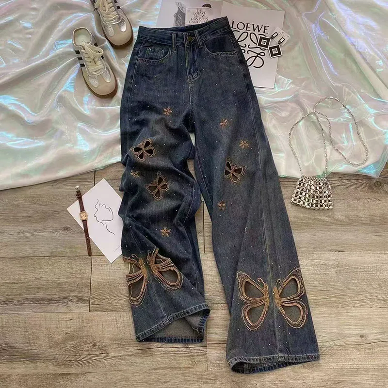 

Butterfly Hot Diamond Hollowed-Out Wide-Leg Jeans Women's Summer Thin High-Waist Slim Loose Straight Leg Pants