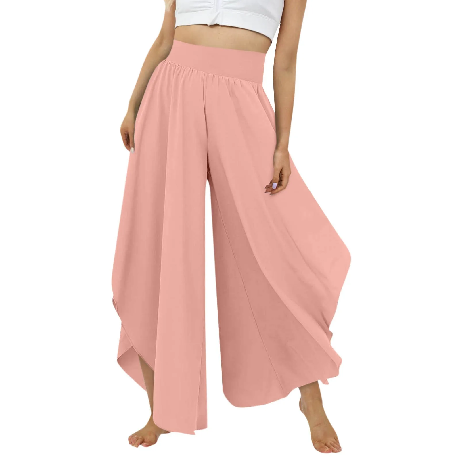 Women Culottes Skirt Pants High Elastic Waist Loose Irregular Hem Ankle Length Solid Color Soft Breathable Female Trousers