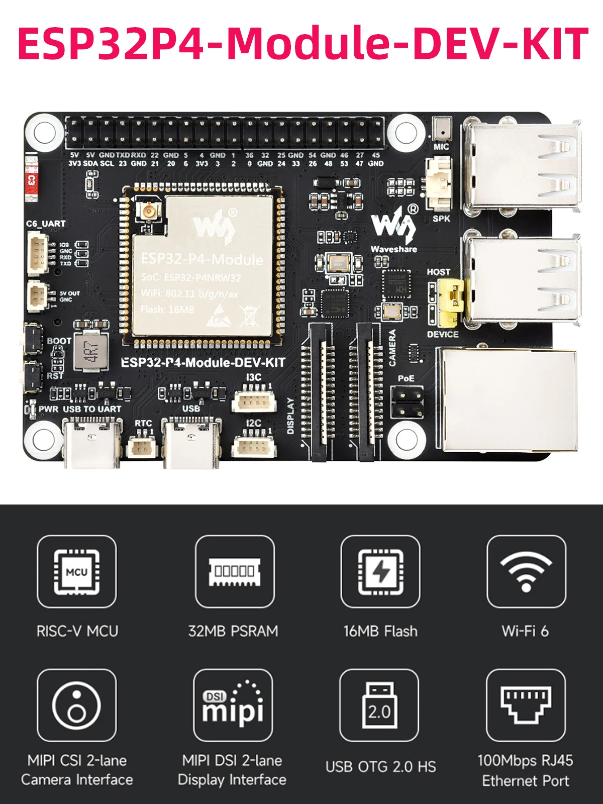 ESP32-P4-Module-DEV-KIT Płytka rozwojowa ESP32-P4 z ESP32-C6 WiFi 6 Bluetooth 5 BLE MIPI CSI DSI RJ45 USB PoE Port Głośnik — 2