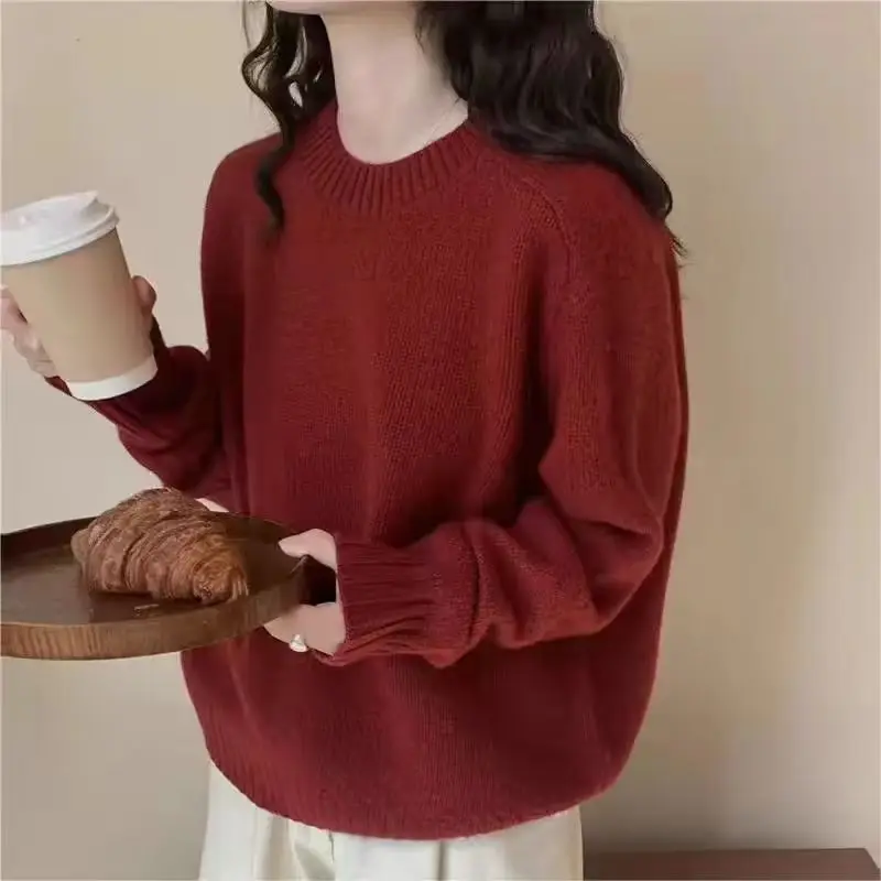 Super good-looking taro wool sweater for women autumn and winter loose large size round neck knitted pullover chic Korean jumper