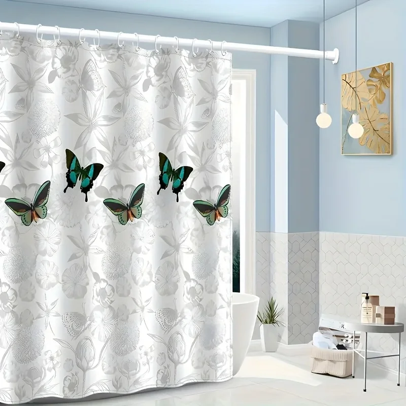 1pc Elegant Gray and White Floral Butterfly Print Shower Curtain, Polyester, Machine Washable, Ripplefold Top, Unlined - Ideal f