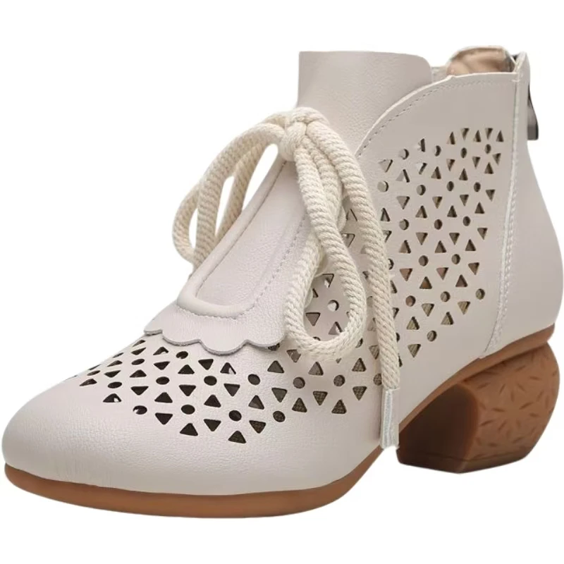 

Женские кожаные крутые ботинки на блочном каблуке, весна-лето, новые ботильоны на мягкой подошве с круглым носком, дышащие молнии, ботильоны на среднем каблуке