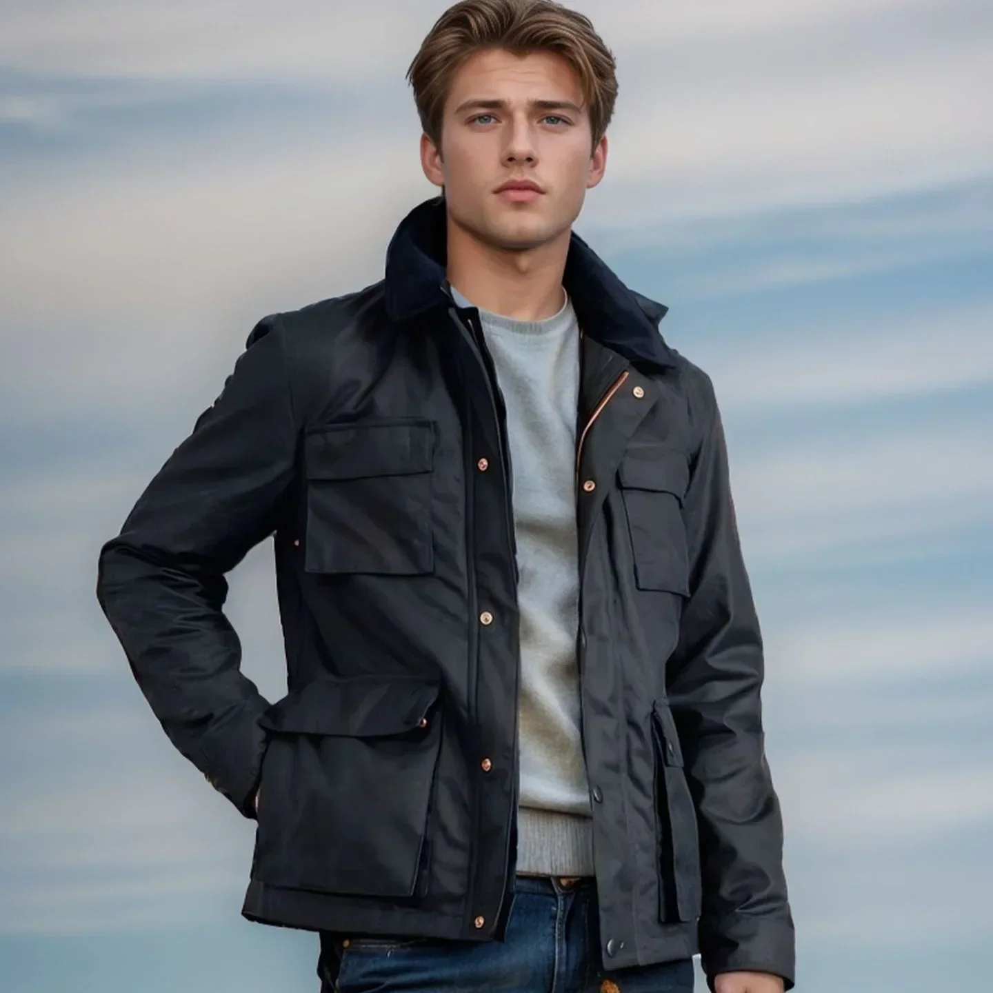 Pop 2024 New Spring And Autumn Style European And American Men's Solid Color Zippered Multi-pocket Fashion Versatile Jacket.