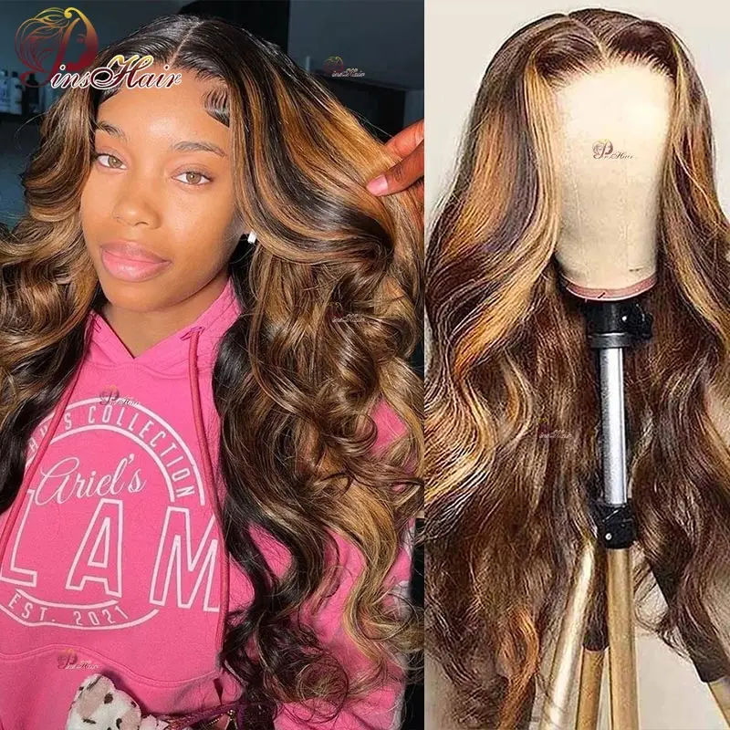 

Highlights Body Wave Lace Front Human Hair Wigs P4/27 Honey Blonde 13X6 Lace Frontal Wig Remy Hair Pre Plucked For Women 180%