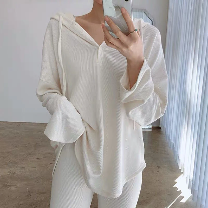 Waffle Tunic Single Breasted Hooded Oversized 2022 Thin Summer Fall Long Sleeve Women T Shirts Korean Fashion Harajuku White Top