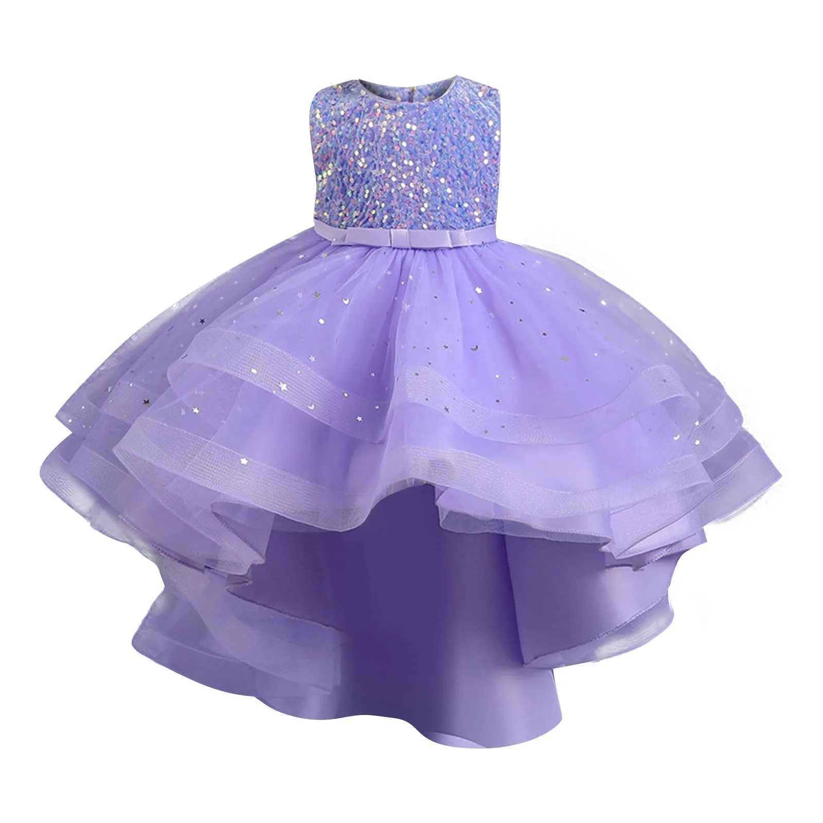 Girls\' Exquisite Beautiful Irregular Large Swing Princess Dress With Bow Solid Color Sequin Skirt For Performance And Birthday