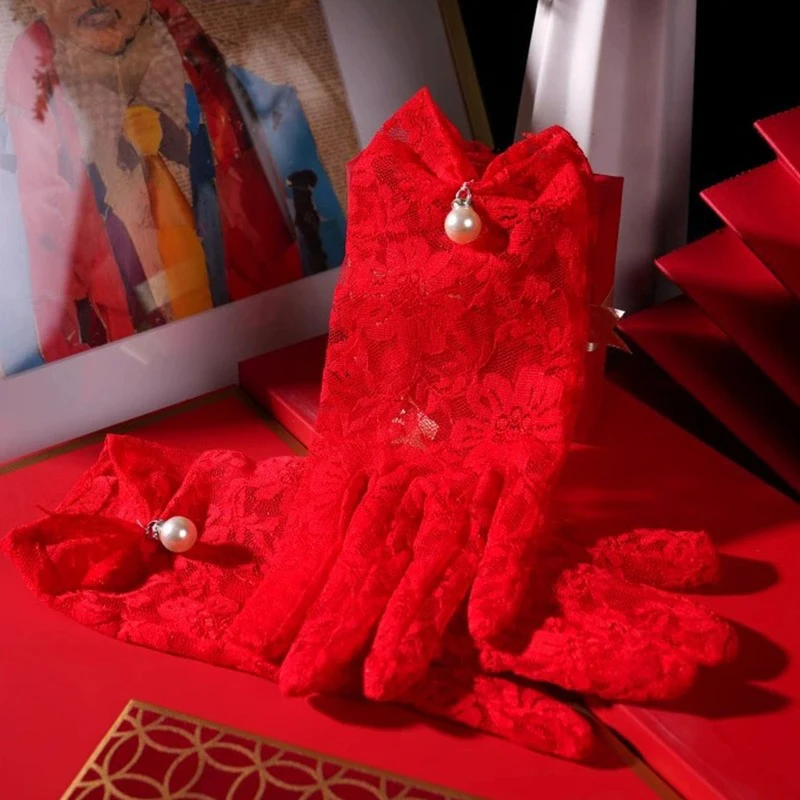 Guantes de boda nupciales de tendencia, guantes rojos cortos sexis, guantes elásticos de tul florales finos para fiesta de noche elegante para mujer