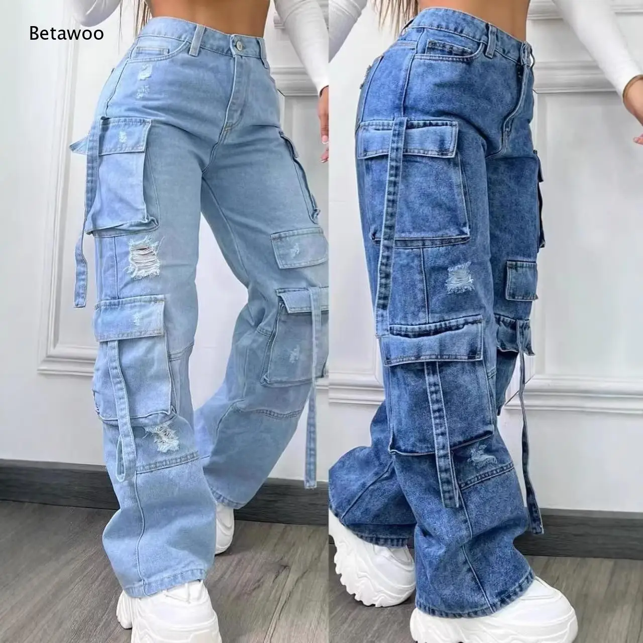 Multi Pocket Cargo Jeans Loose Straight Leg Integrated Distressed Holes Streetwear Design for Strolls and Daily Looks
