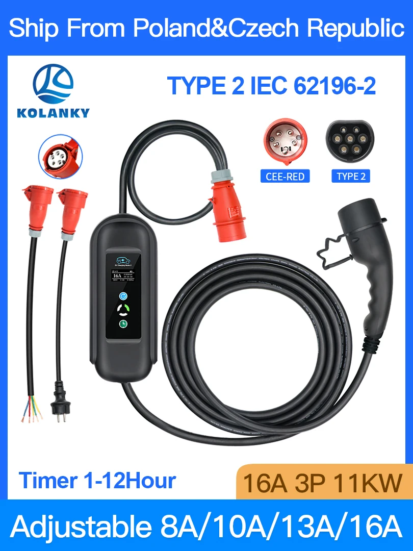 Kolanky Passen 16A 11KW Draagbare EV-oplader Type 2 Muurdoos Timer Opladen voor elektrische voertuigauto's EVSE Totale lengte 5M - afbeelding 2