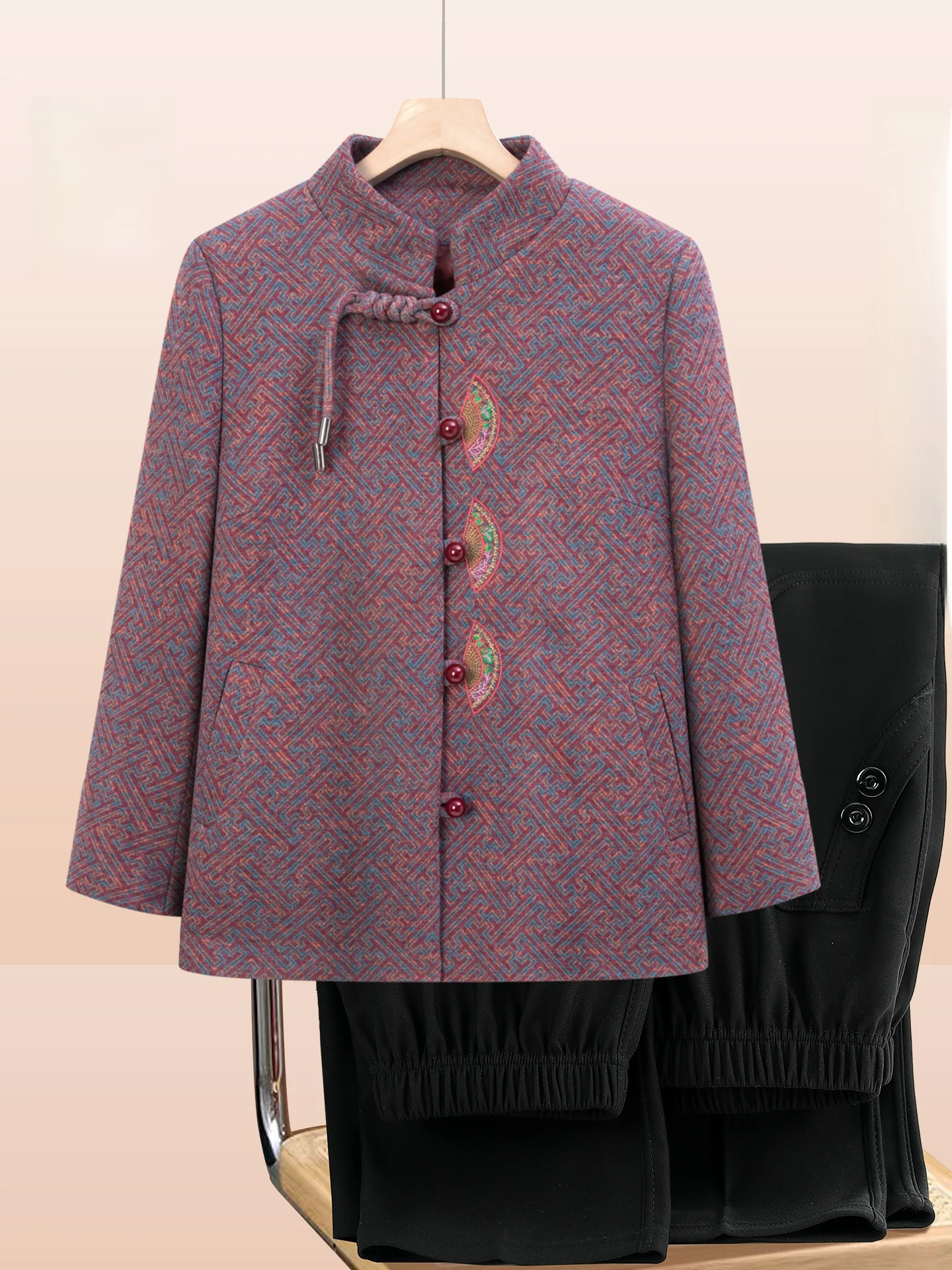 

New Chinese Sle Stand Collar Jaet Autumn Spring Faionable ly Women's Clothing Mom's Clothes Warm Lightweight Printed