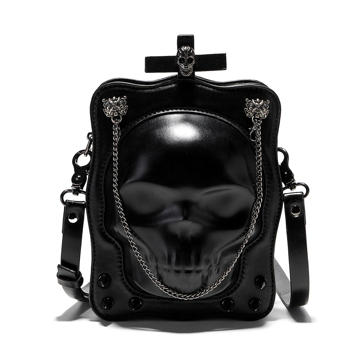 Halloween Theme Punk Rivet Skull Shape Shoulder bag, PU leather Skeleton Flap Bag with Zipper Closure Dark Gothic Crossbody Bag