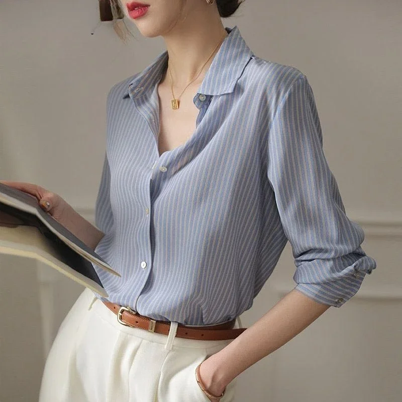 

Korean Style Office Lady Blue Striped Spring Summer Fashion All-match Blouse Long Sleeve Turndown Collar Loose Casual Shirt P07