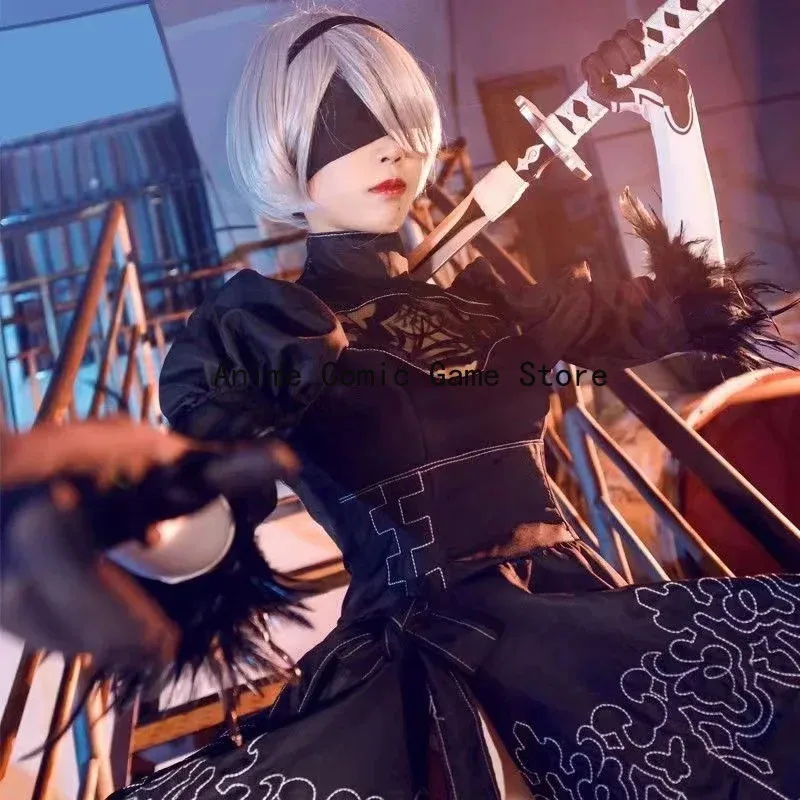 In Stock S-2XL 2B NieR:Automata Cosplay Costume Wig Eye Mask  Actress Sexy Gothic Black Dress Halloween Party Outfits for Women