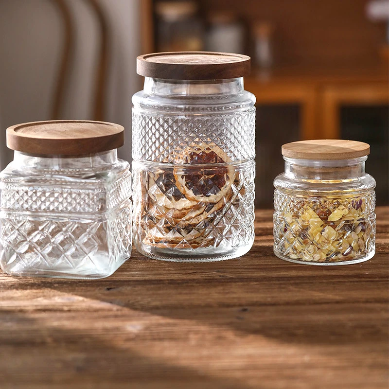 Kitchen Food Grade Sealed Glass Jar, Coffee Powder Seasoning Storage Jar, Acacia Wood Glass Bottle