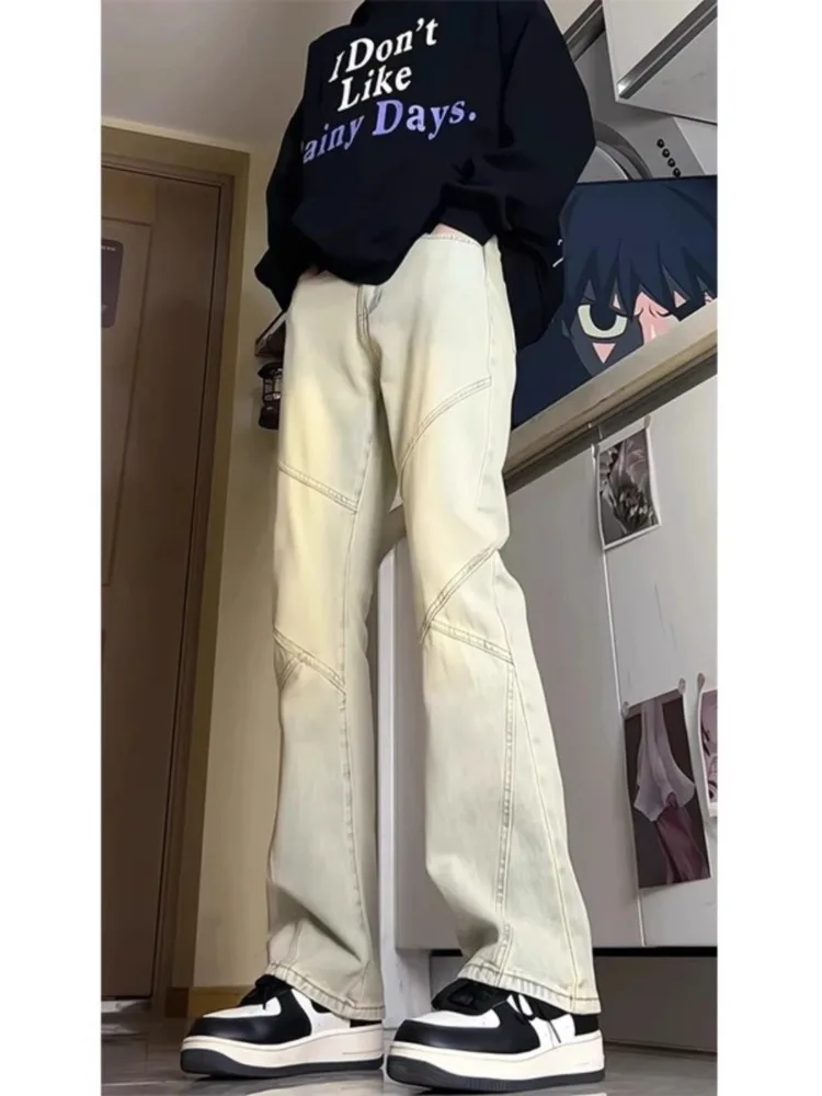 

Мужские джинсы прямого кроя в стиле американского стритстайла, цвета желтой грязи, с деконструированным пэчворк-дизайном, весенние, с эффектом стройности