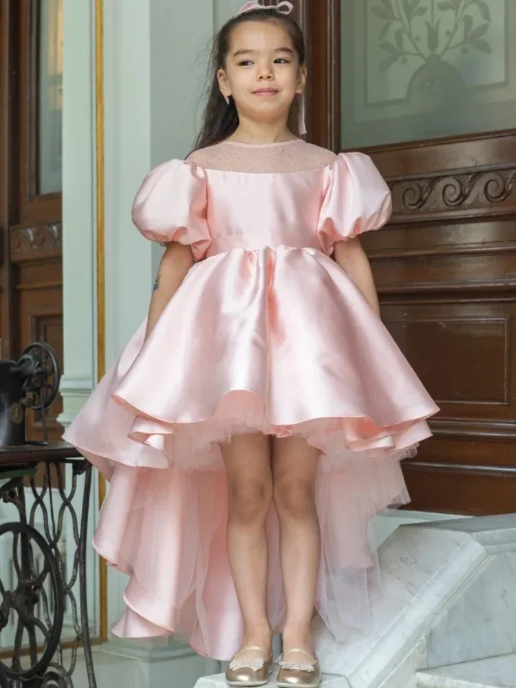 Birthday Banquet Princess Gowns Flower Girl Dresses Pink Satin Tulle Appliques With Bow And Trailing Short Sleeve For Wedding