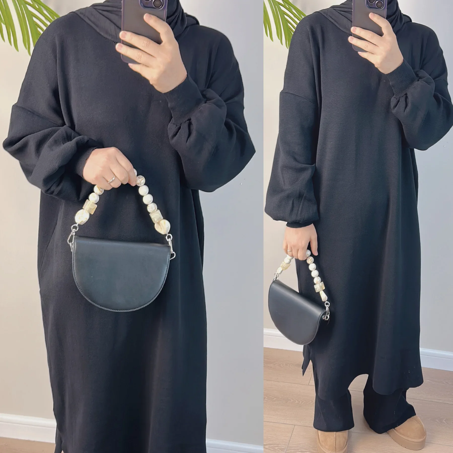 Muslim Woman Winter Set Abaya Sweater 2 Piece Sets Matching Suit Thickened Knitted Dress with Pants Autumn Islam Modest Clothing