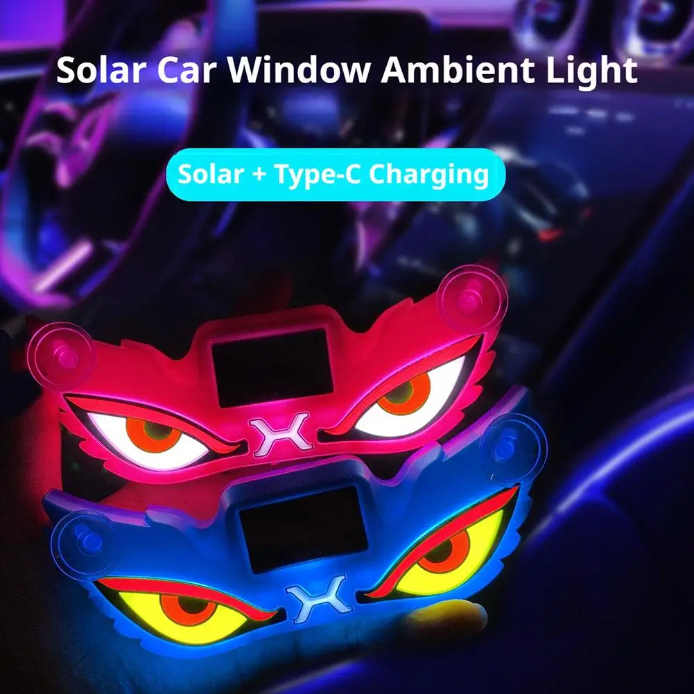 Devil Eyes Dynamic LED Car Ambient Light Solar Type-C Dual Charging Auto Sensor Light Vibration Activated Suction Cup Decor Lamp