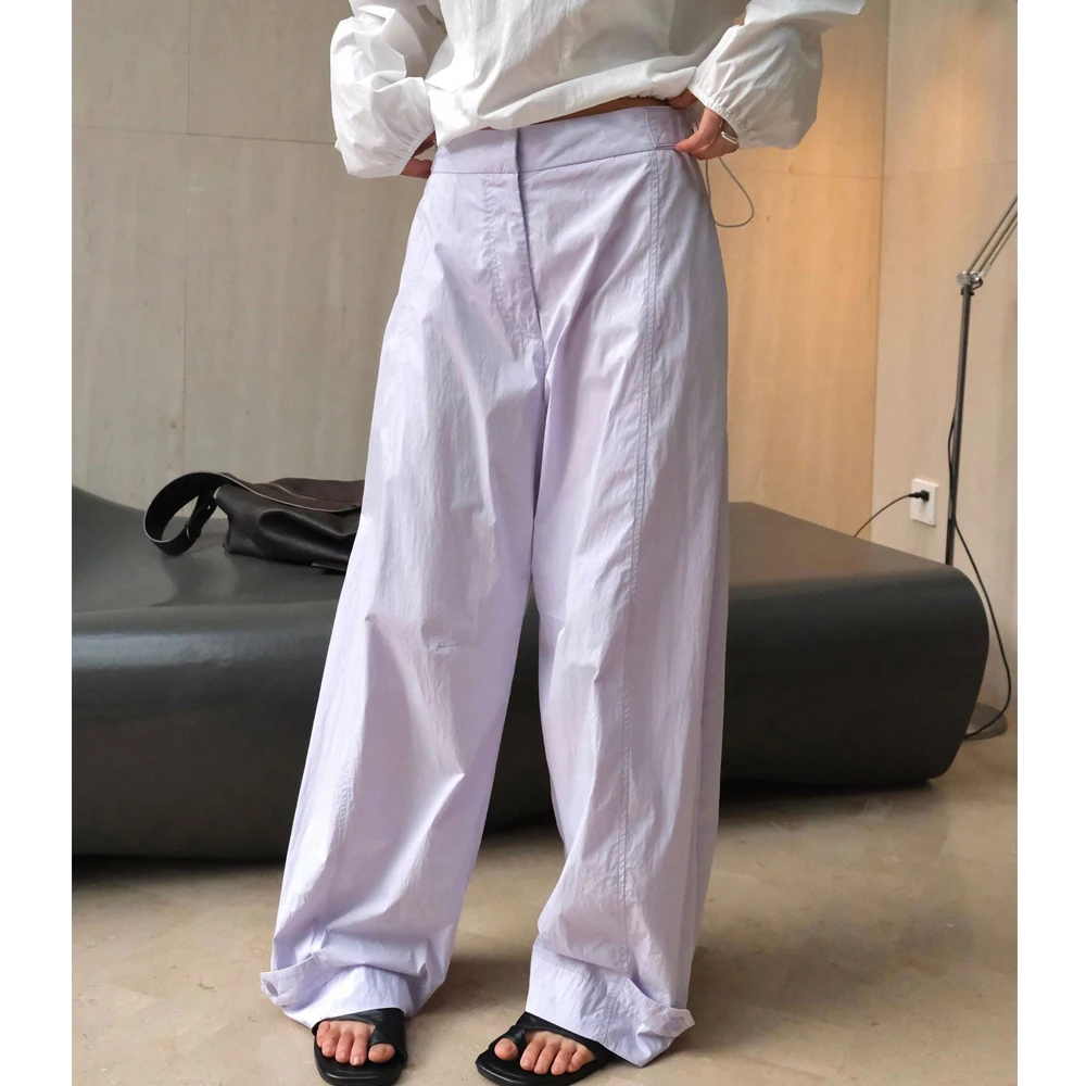 2024 Women Autumn Wide Leg Straight Pants High Waist Cotton Pants Adjustable Waist Fashion Clothes Purple Pants Female Trousers