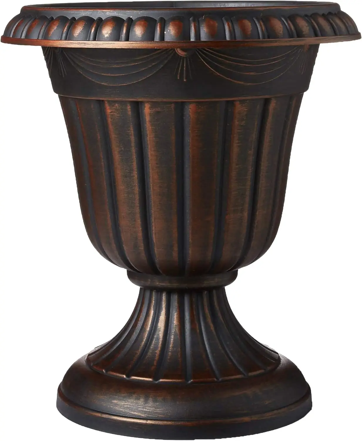

Classic Plastic Urn Planter Indoor/Outdoor, 15" x 13" Fluted Garden Urn, Brushed Copper, Lightweight & Drillable