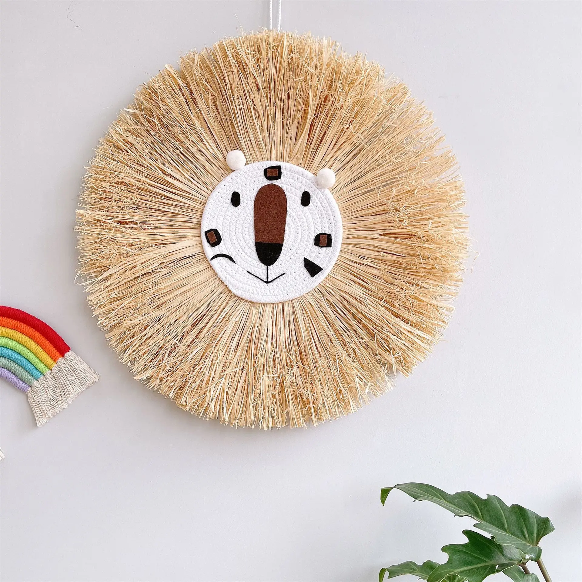 50x50cm Boho Lion King Wall Hanging Decor Handmade Woven Grass Straw Animal Tassel Art for Nursery Baby Child Room Home Decor