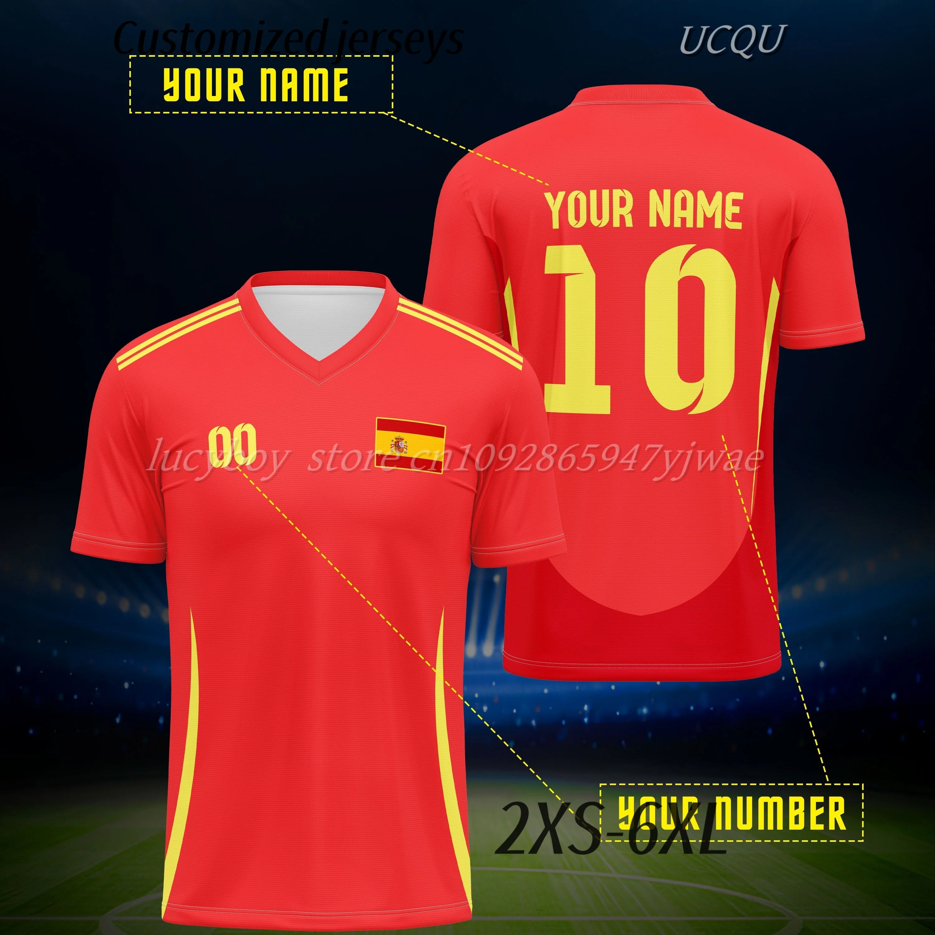 1pc ﻿ men Customized Name And Number red  Short Sleeve V-neck Soccer Jersey Comfy Top for Training And Competition Soccer Jerse