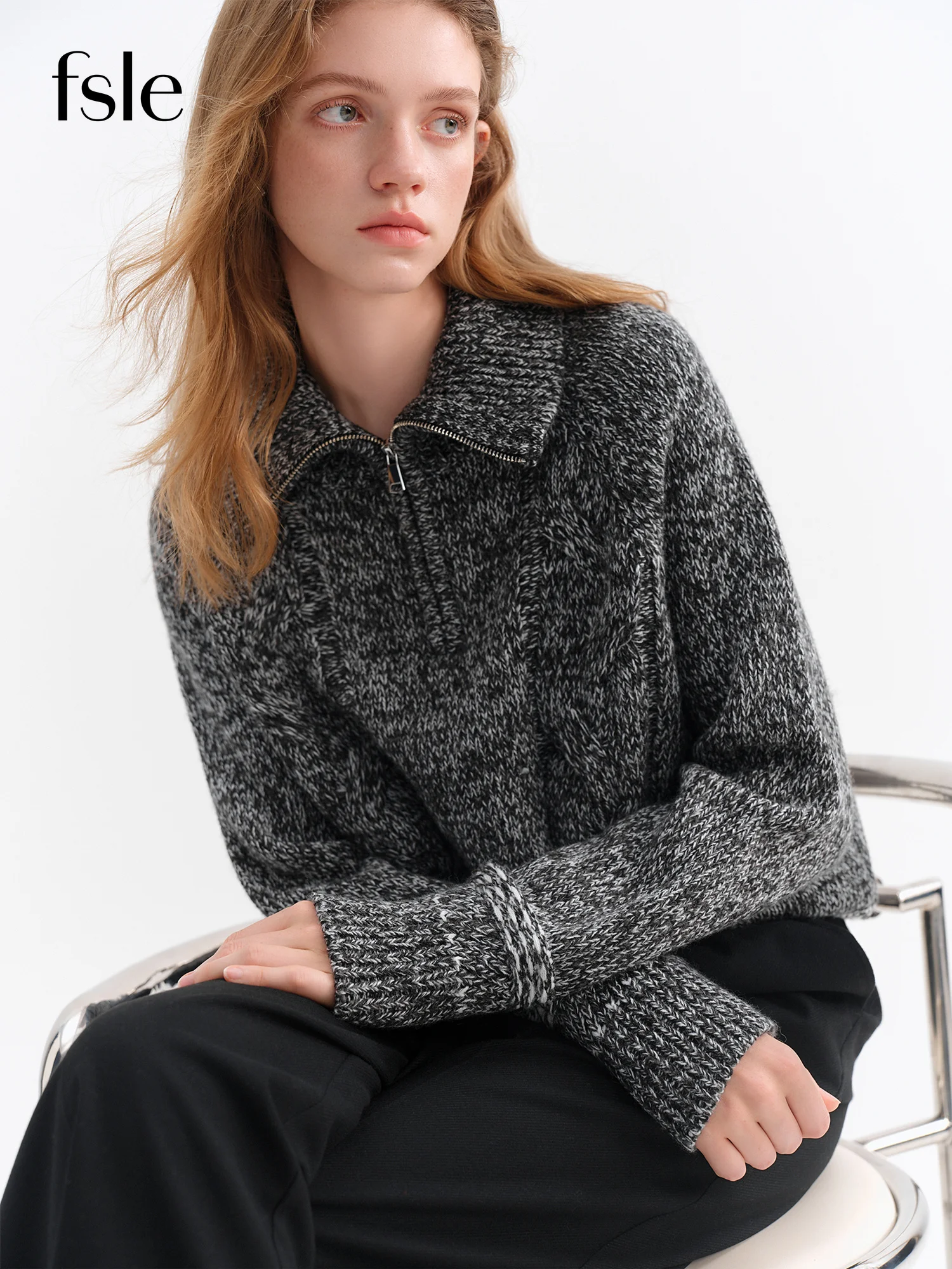 

FSLE 2025 Winter Women's Vintage Grey Half Zip Pullover Knit Sweater Ribbed Mock Neck Top Cozy Oversized Casual Soft Wool Blend