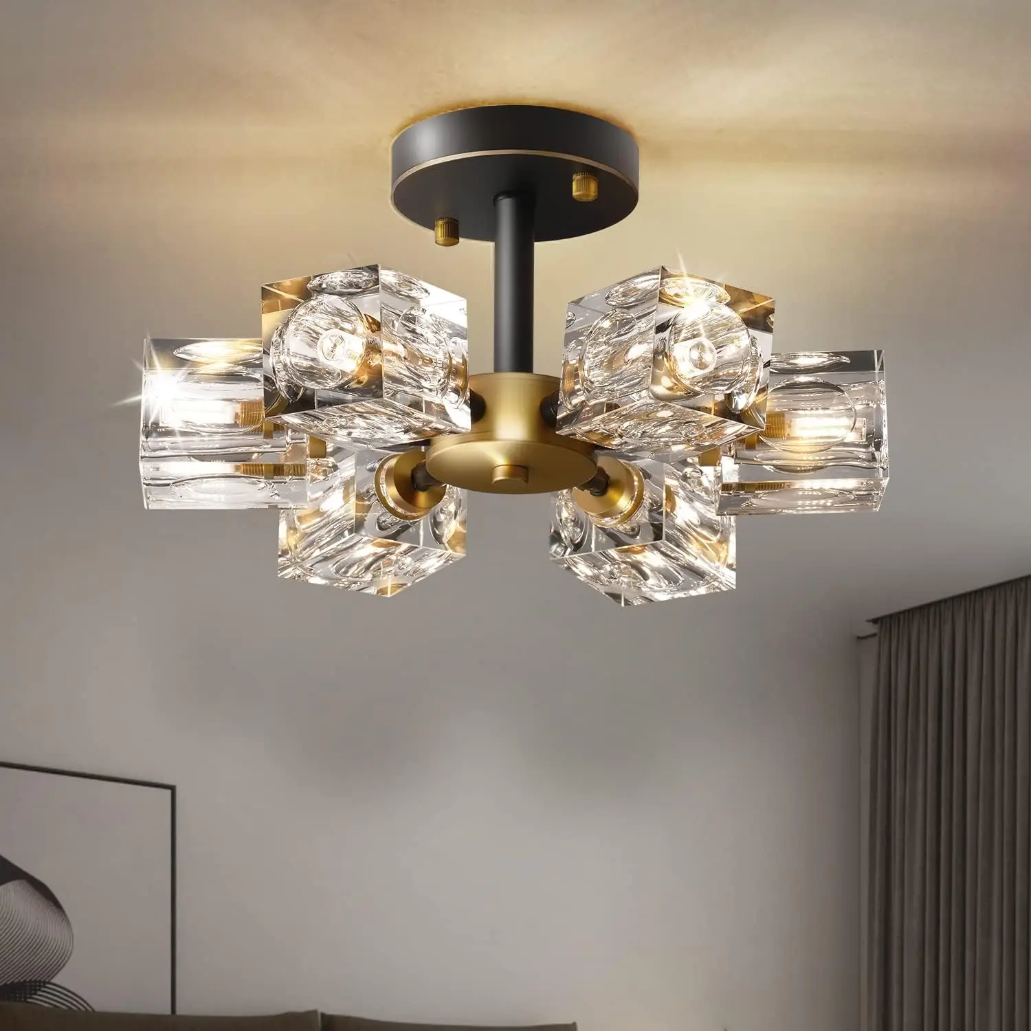 

Semi Flush Mount Ceiling Light,13Inch Modern Black And Gold Crystal Chandeliers,6-Lights Industrial Sputnik Chandeliers For