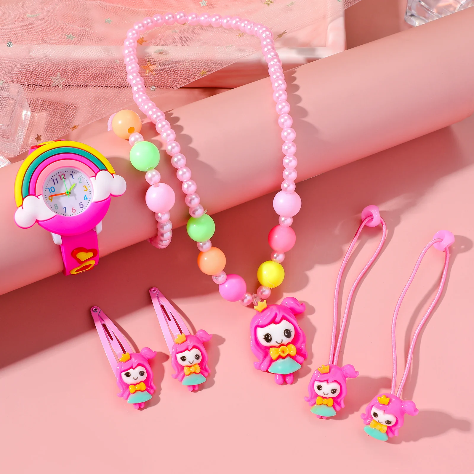 

Милые детские забавные креативные сладкие карамельные цвета маленькая принцесса радуга модные тенденции женские кварцевые часы ювелирные изделия комплект из семи предметов