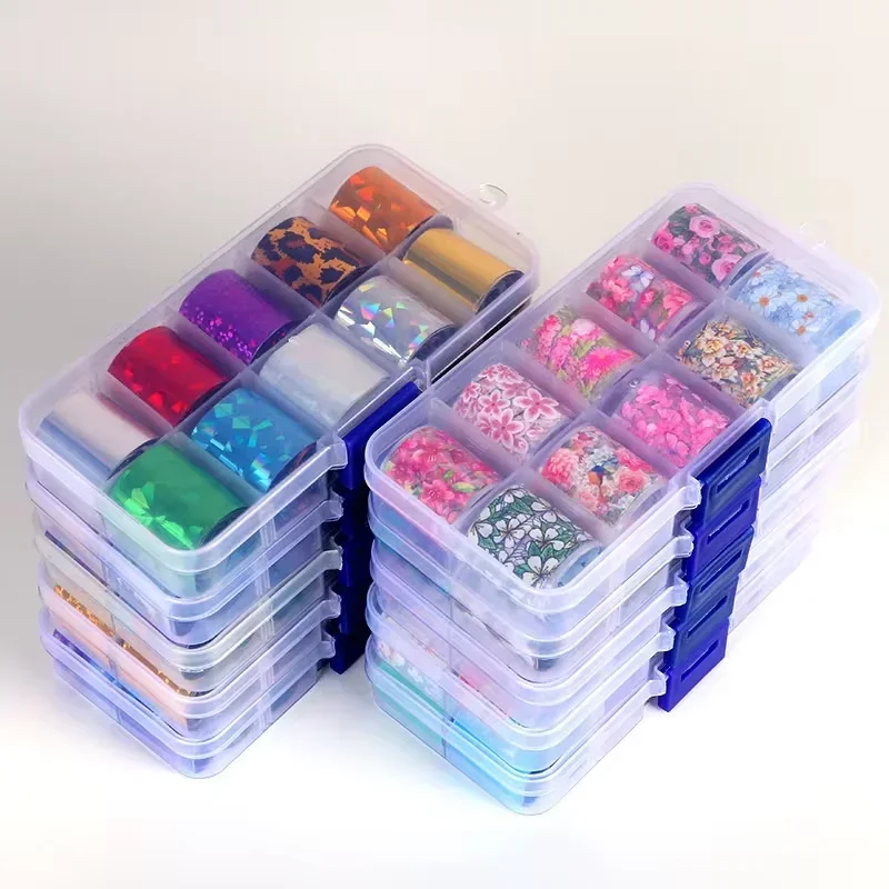 10 Rolls Nail Transfer Foil Paper Set Holographic & Tropic Starry Adhesive Decals Flower Shaped Manicure Nail Decor Accessories