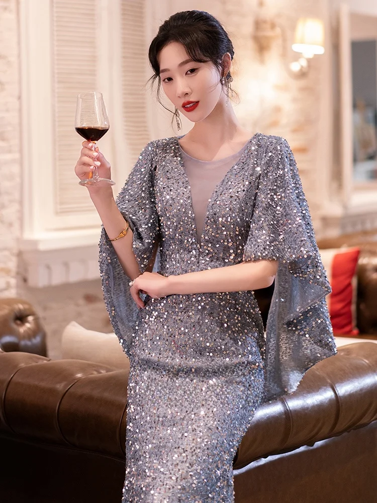 Elegant V-Neck Long Evening Gown Women's Birthday Party Ball Dress Sparkling Fish Tail Sequin High-End Luxury Elegant Sweet H... - view 2