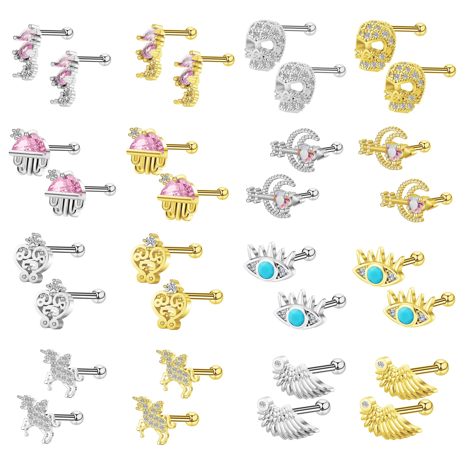 1 Pair new zircon oil dripping ear bone nail, stainless steel thin rod double head screw, twist ball, versatile  ear nail