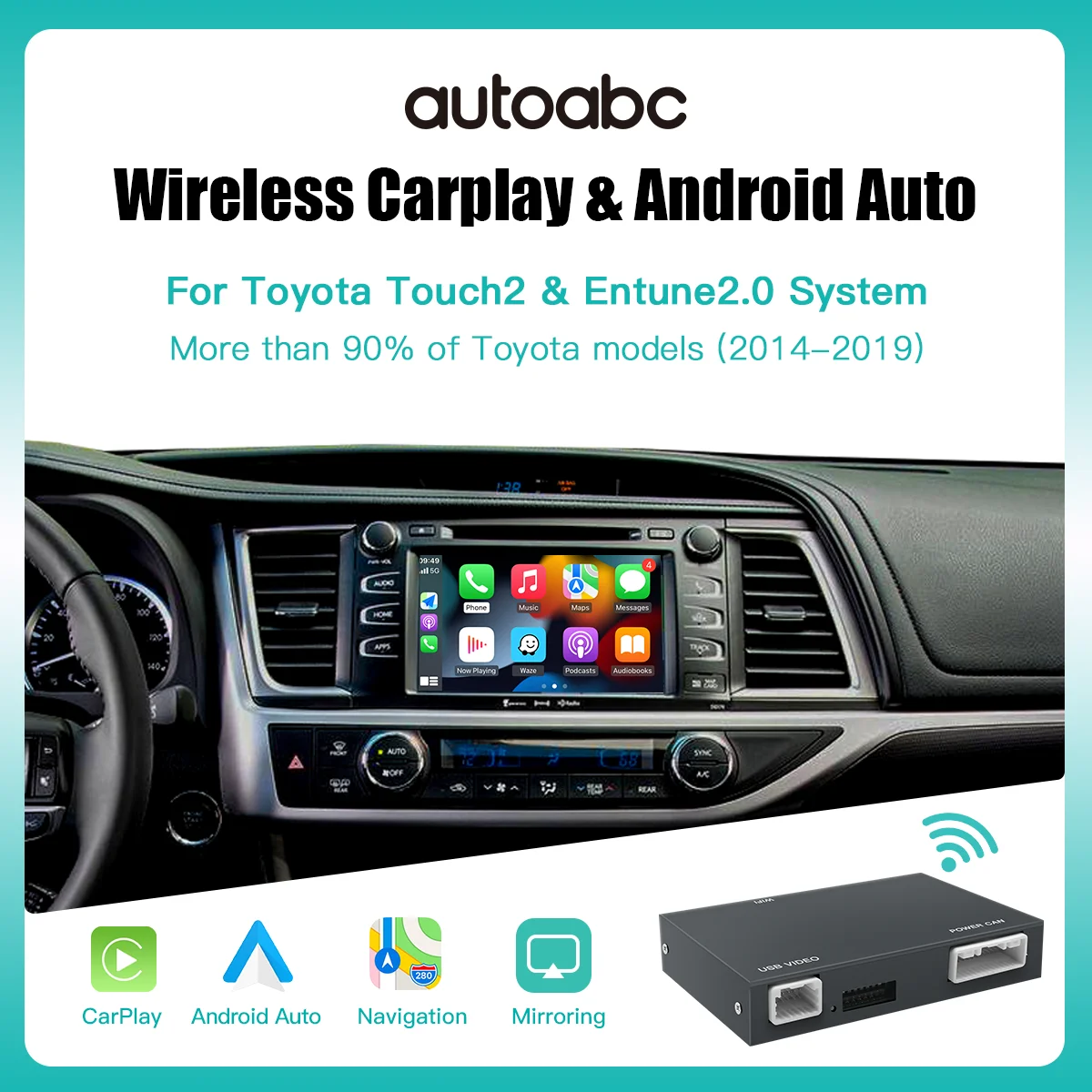 Autoabc sem fio carplay android auto para toyota rav4 corolla tacoma camry chr tundra highlander 4runner multimedi decodificação