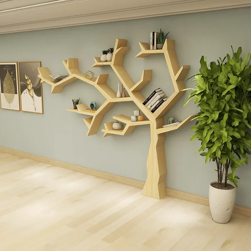 Creative solid wood kindergarten office living room TV wall background wall bookshelf shelf tree