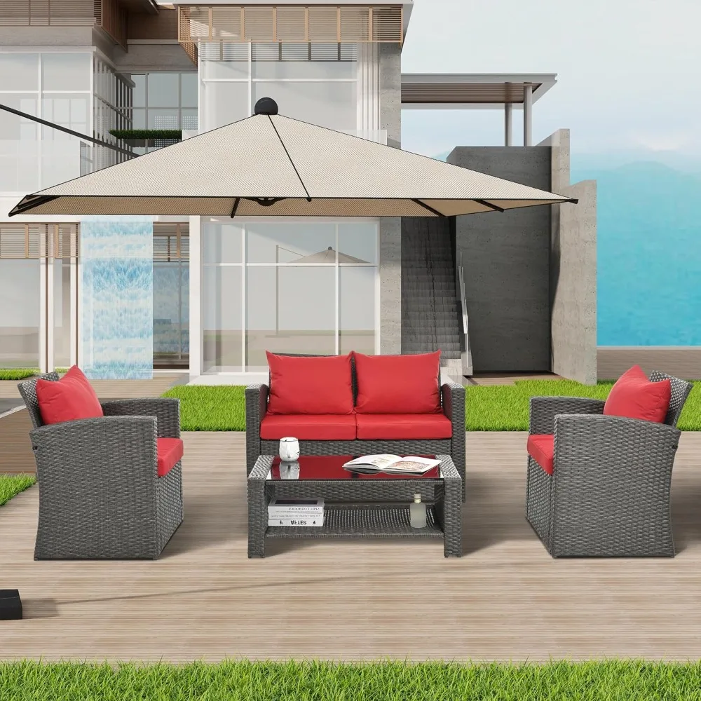 Garden Sofa, 4 Seater Combination Sofa Set with Table and Waterproof Back Cushions, Outdoor Rattan Furniture, Patio Sofa Set