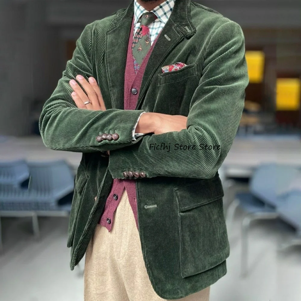 

Corduroy Fabric Men's Social Coat Lapel Collar Man Jackets High Quality Flap Pockets Casual Suit Single-breasted Urban Blazers