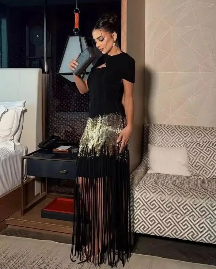 Arabia Elegant A-Line Black Corset Cape Evening Dresses Gradient Gold Sequin Long Fringe Formal Prom Dresses Formal Maxi Gowns