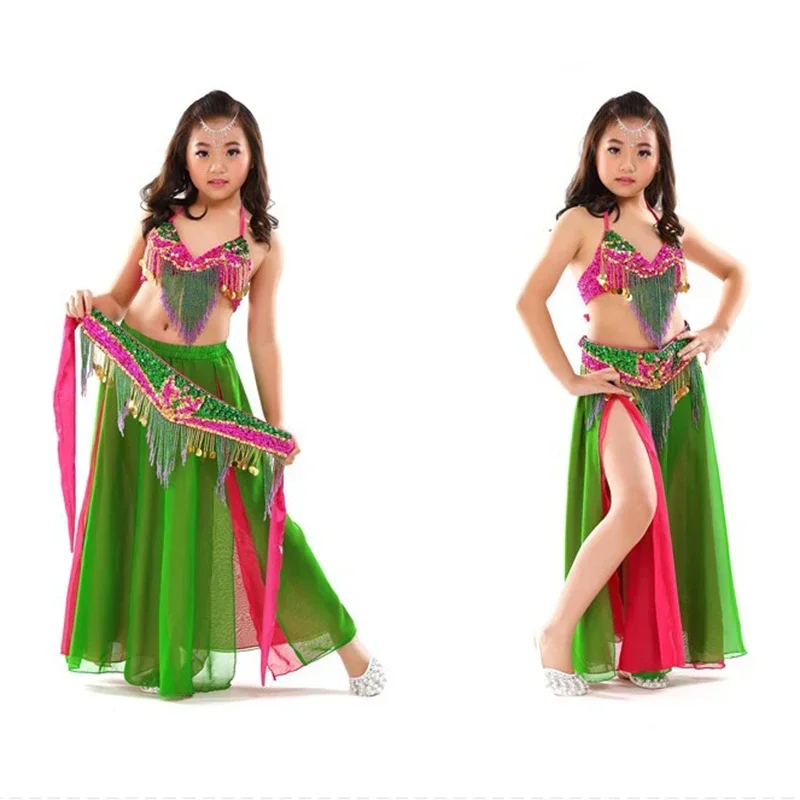 Kids Stage Performance Belly Dancing Clothes 3-piece Set Oriental Outfit Bra, Belt, Skirt Girls Beaded Belly Dance Costume