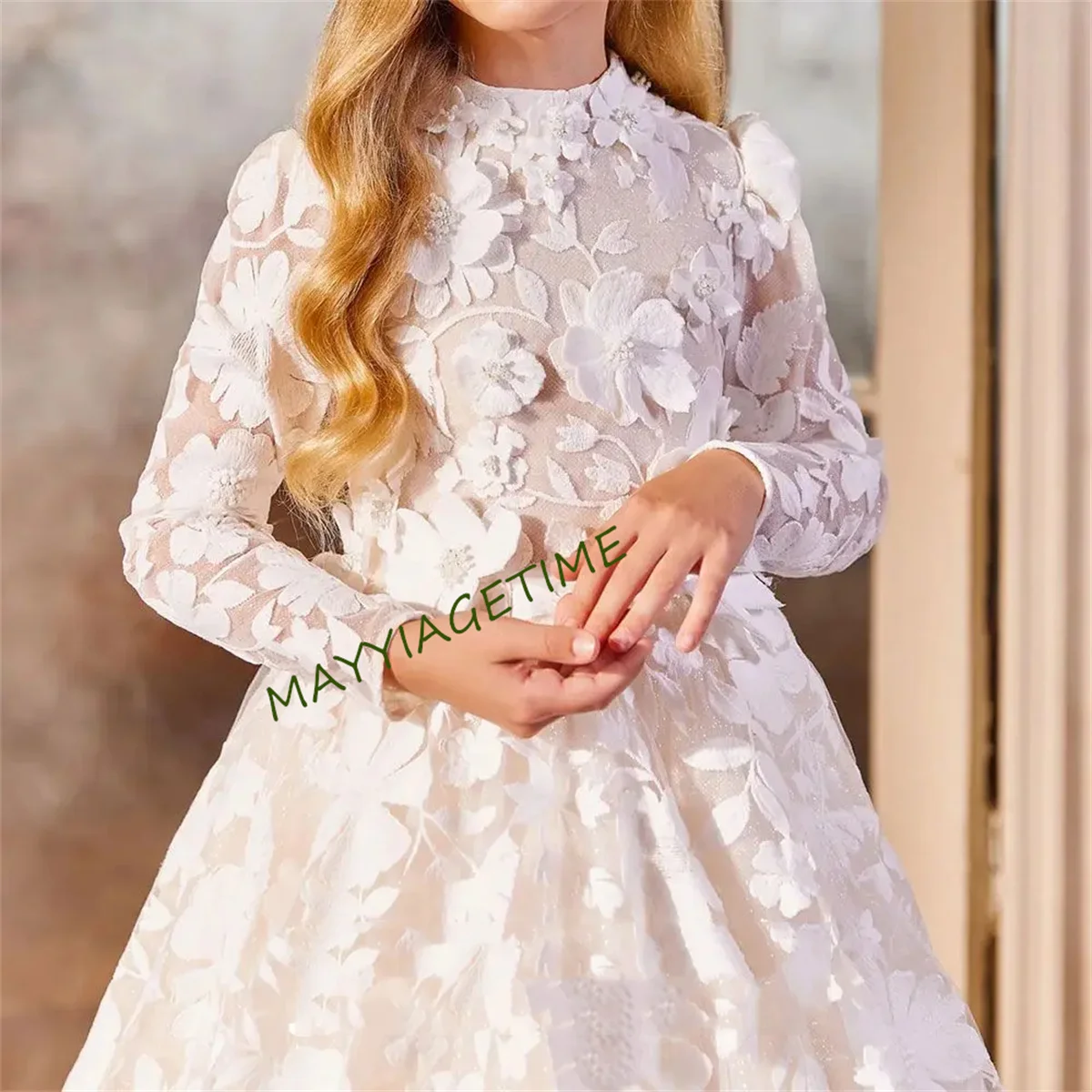 Luxury White Girl Dress 3D Flowers Princess Dubai Kids Wedding Birthday Communion Party Elegant Evening Gown 2024