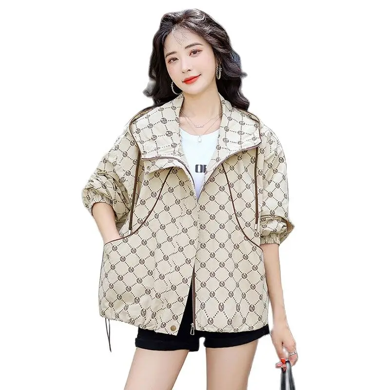 

Short Coat Women 2023 Spring And Autumn New Loose Hooded Bf Hong Kong Wind Ladies Casual Fashion Printed Coat Short Trench Coat