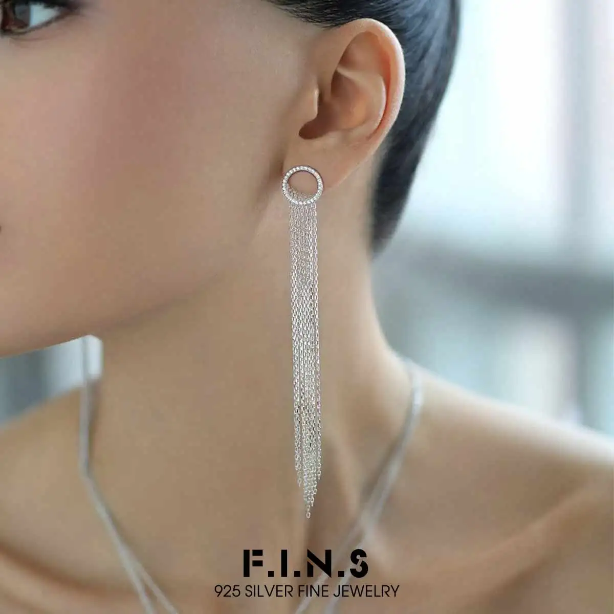 F.I.N.S 925 Sterling Silver Geometric Circular Zirconia Drop Earrings Long Tassel Chain Dangling Detachable Ear Studs Fine Jewel