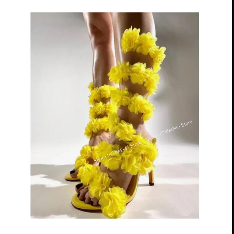 

Yellow Twine Flower Decor Sandals Thin High Heel Hollow Fashionable Sexy Novel Style Summer 2024 Woman Shoes Zapatillas Mujer