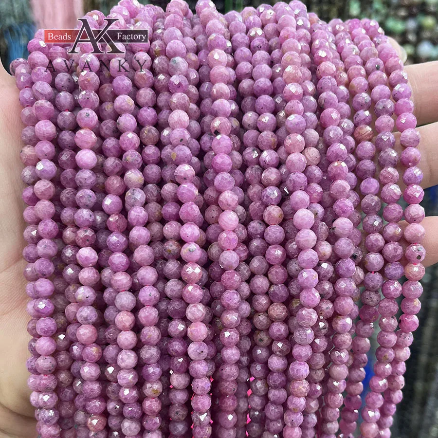 Natural Gemstone Ruby Round Beads Section Faceted Shape for Jewelry Making DIY Necklace Bracelet Accessory15'' 2/3/4mm