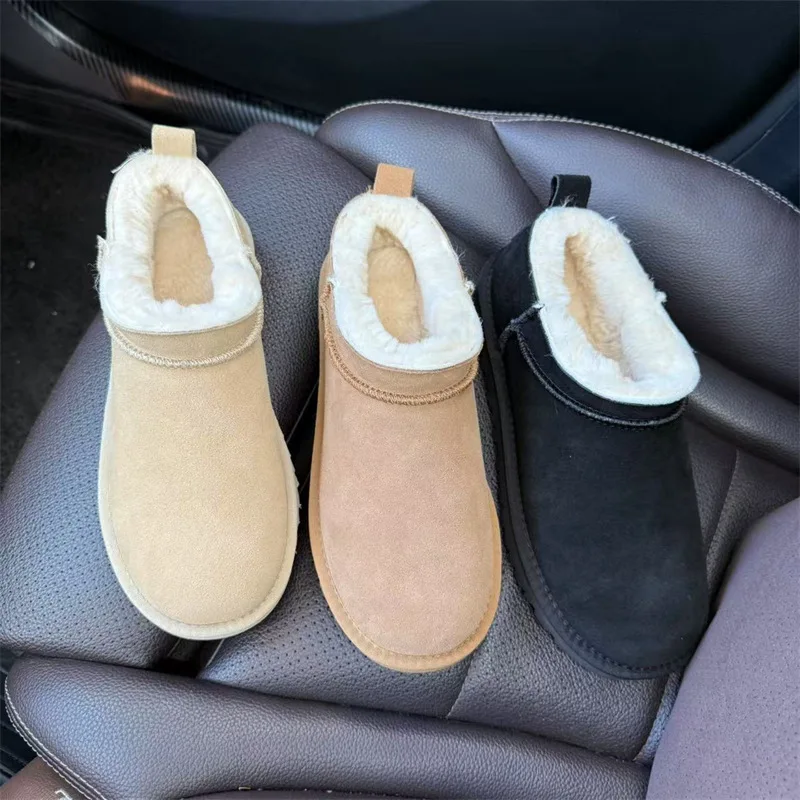 

2025 Star Super Mini Slope Mouth Short Snow Boots Women's Low-top Cowhide Wool Velvet Cotton Shoes Warm and Non-slip Large Size