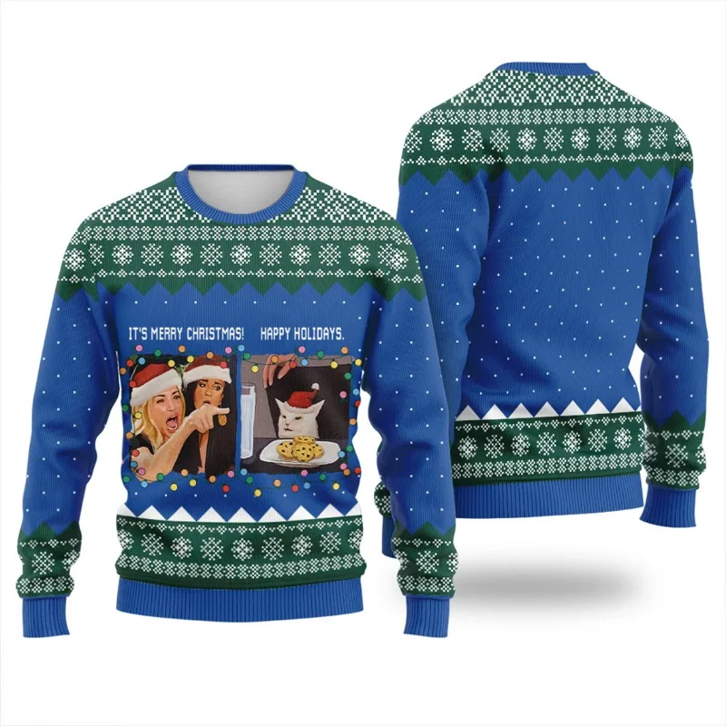 Vrouw schreeuwen bij kat Meme Ugly Christmas Print Volwassenen Sweatshirt met ronde hals Zacht Comfortabel Loose-Fit Herfst Winter Vakantie Seizoen Y2k